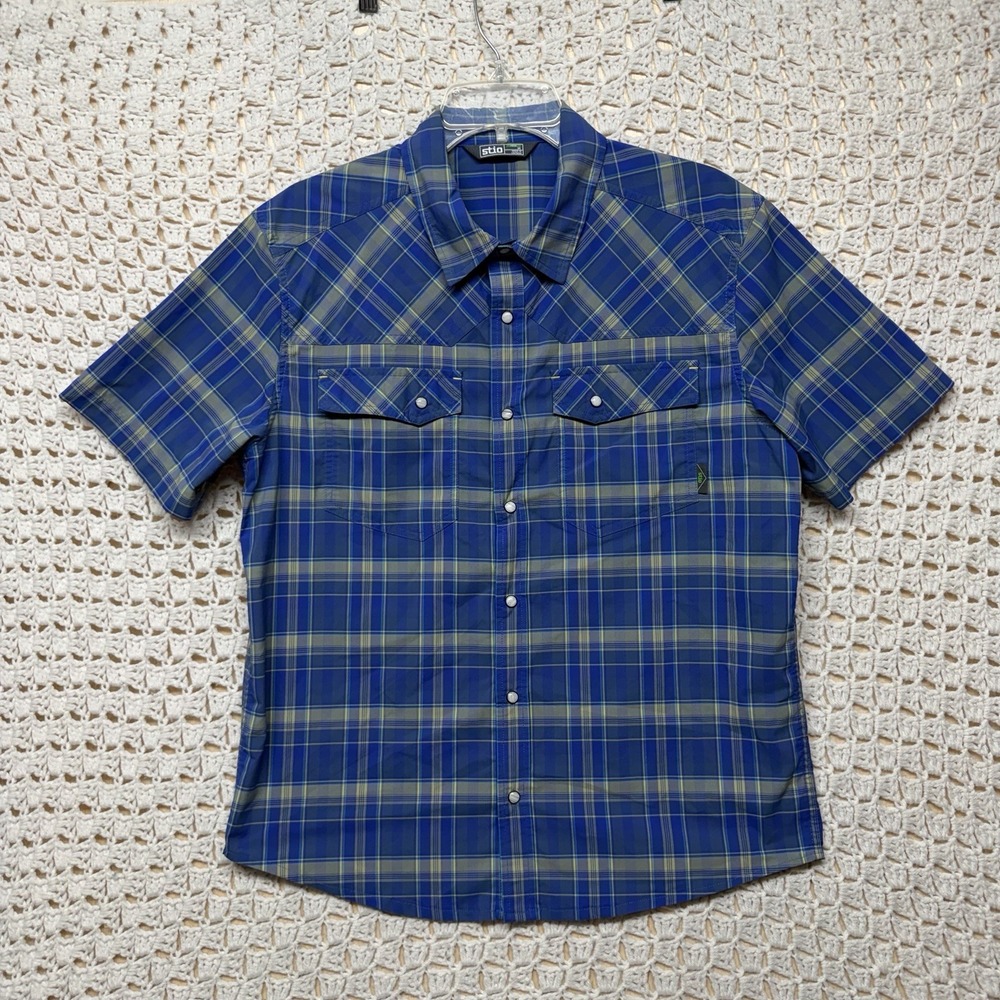 Stio Shirt Mens M Blue Gray Plaid Pearl Snap Western Short Sleeve Nylon Blend